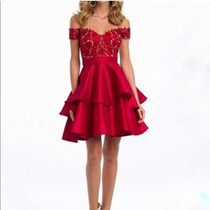 Camille La Vie Red Off-Shoulder Prom Dress